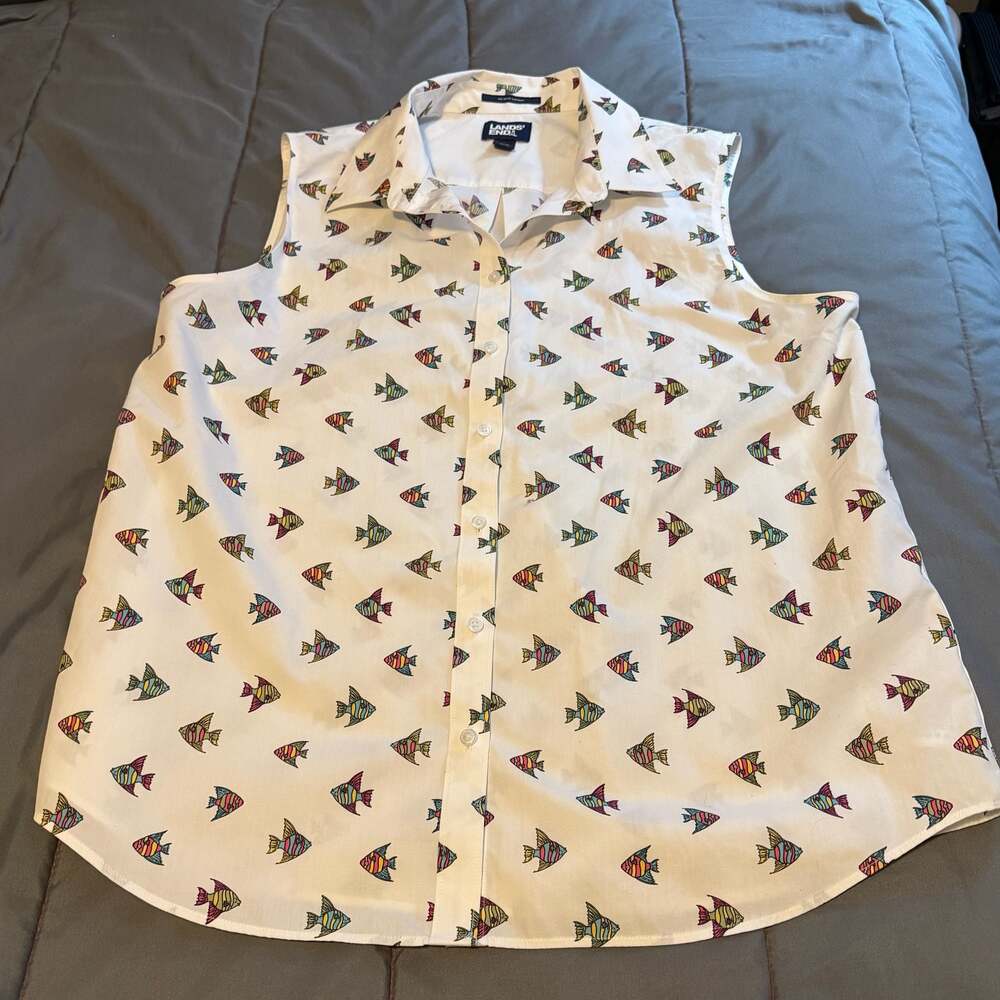 Lands' End No Iron Supima Cotton Sleeveless Fish Print Shirt Size L 14-16